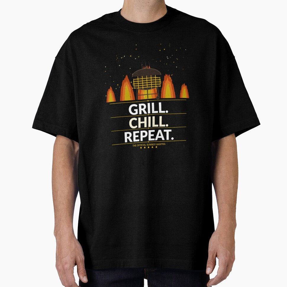 Grill Chill Repeat Shirt | Funny Memorial Day BBQ Gift for Dad Grill Master Summer by Daily Mood Tees