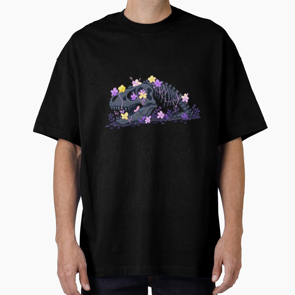 Pixel Dinosaur Skeleton with Blue Flowers | Floral Retro Pixel Art by PunkVerseStudio