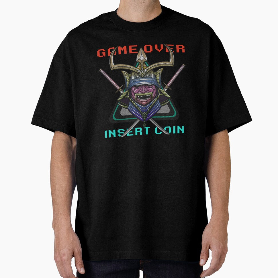 embroidery iron patch textured graphic artwork - game over insert coin (arcade cyberpunk samurai) by hayrpictures