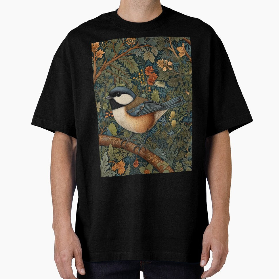 Chickadee Bird in woodland landscape art nouveau stlye by hollycooper