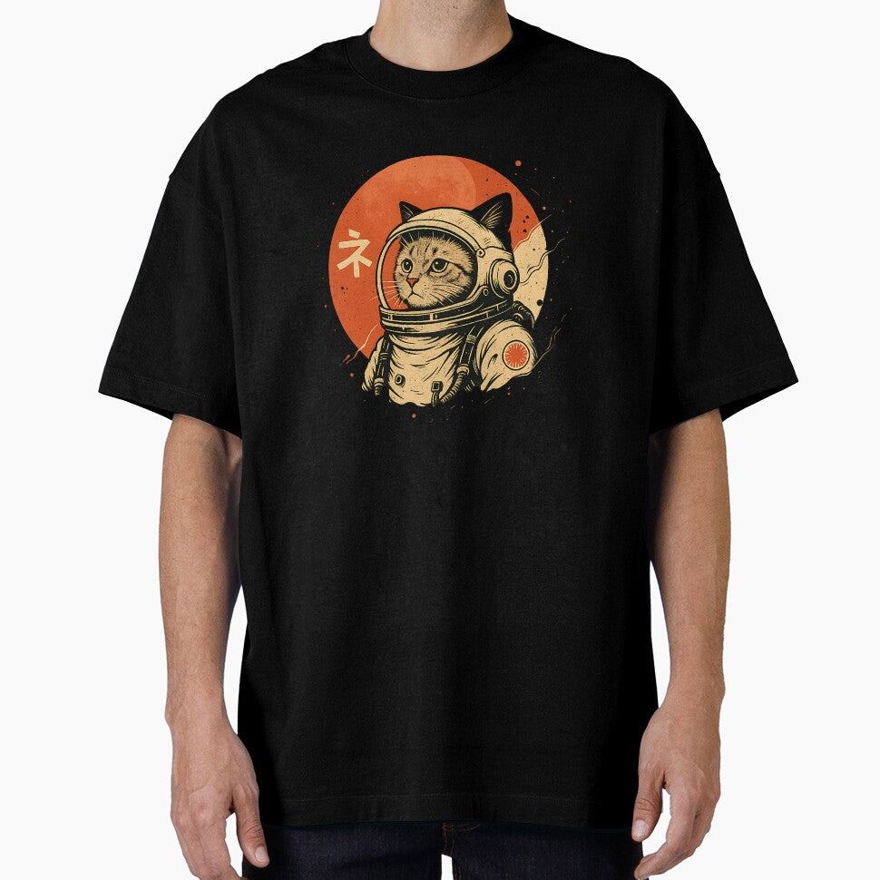 Japanese Minimalist 1950s Retro Space Cat Good Luck Kanji by cawtoon