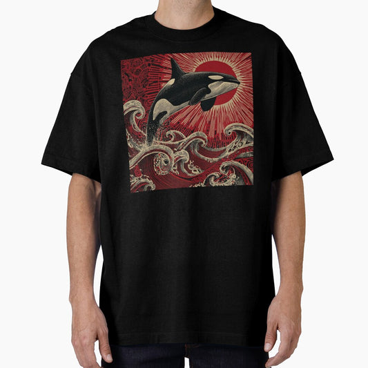 Orca Totem – Northwest Coast Ocean Art with Red Sun & Waves by Alaska Magick