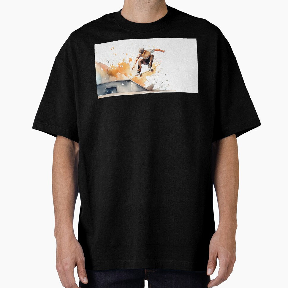 Skater mid-air against a vibrant cityscape, depicted in dynamic watercolor strokes by homydesign