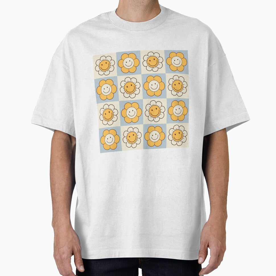 Checkered Hippie Happy Smiley Flowers by Throwtopia