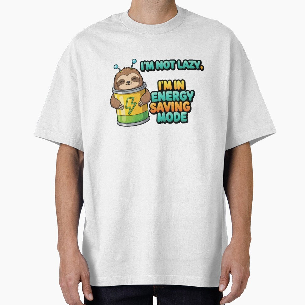 Happy cartoon sloth in battery has funny quote about not being lazy, but in energy saving mode by Jdee23