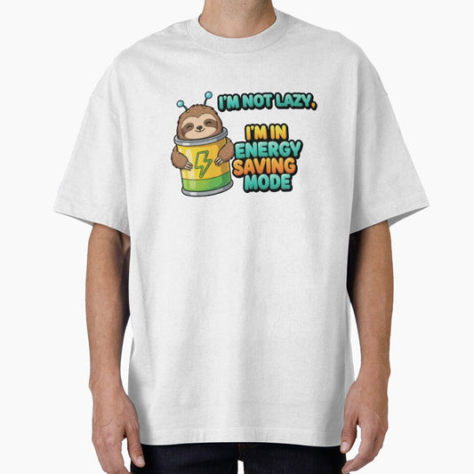 Happy cartoon sloth in battery has funny quote about not being lazy, but in energy saving mode by Jdee23