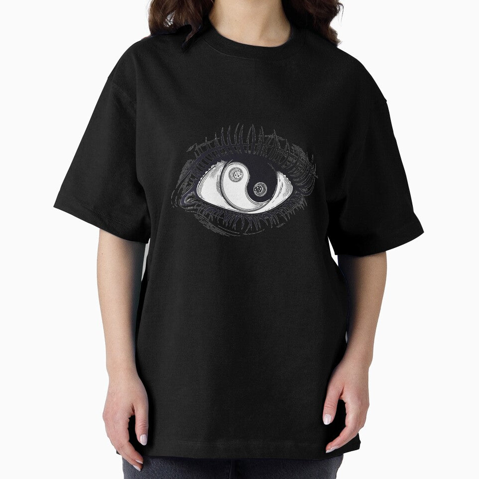 Eye of a human girl with pupil and iris as Yin and Yang boho symbol by ExocetMerch