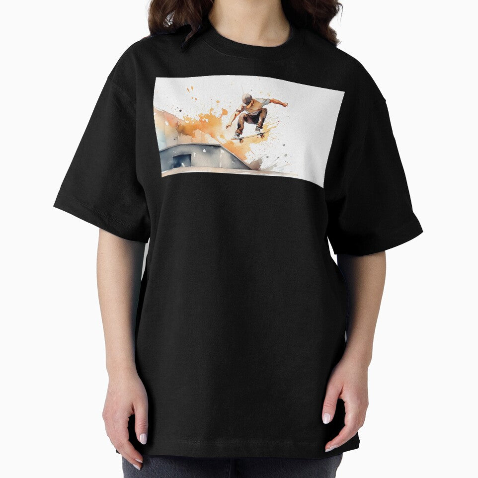 Skater mid-air against a vibrant cityscape, depicted in dynamic watercolor strokes by homydesign