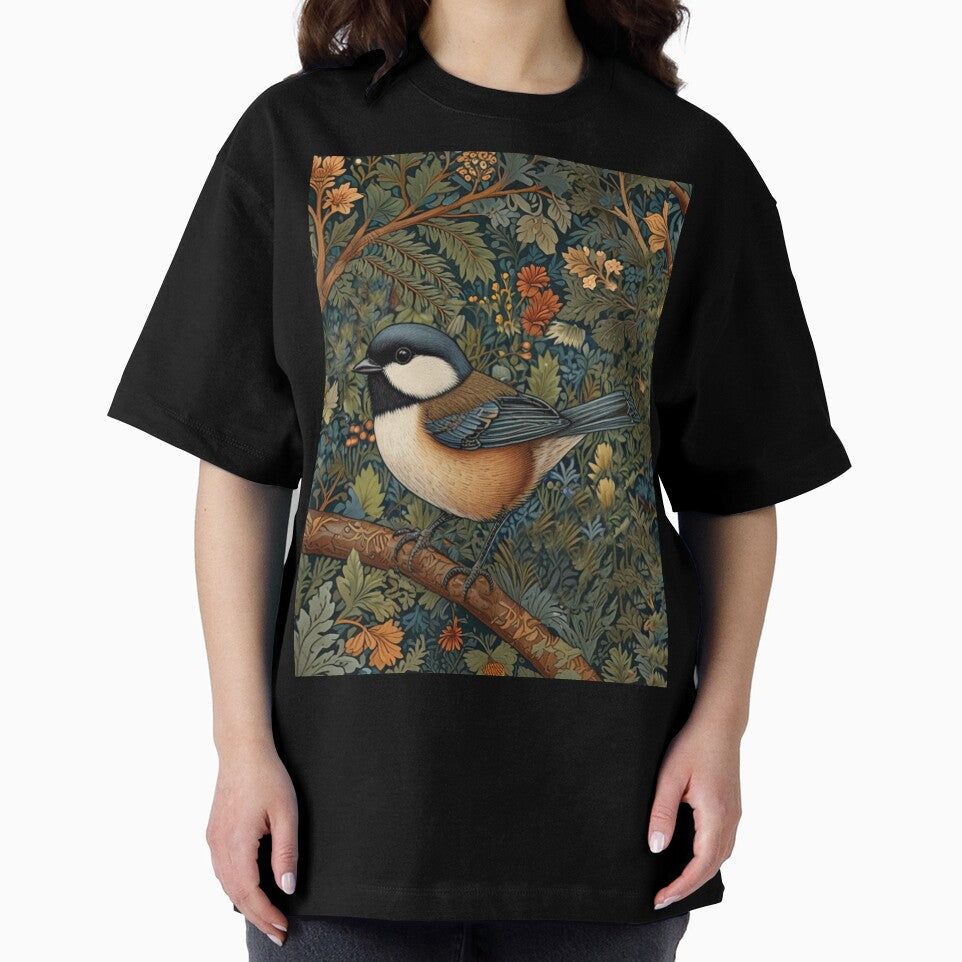 Chickadee Bird in woodland landscape art nouveau stlye by hollycooper