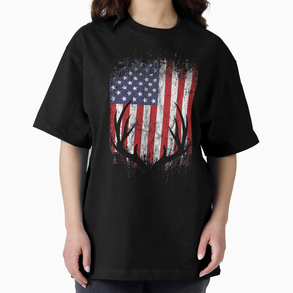 Deer Hunting American Flag Whitetail Buck Antlers Short Sleeve by vqyngdlc91