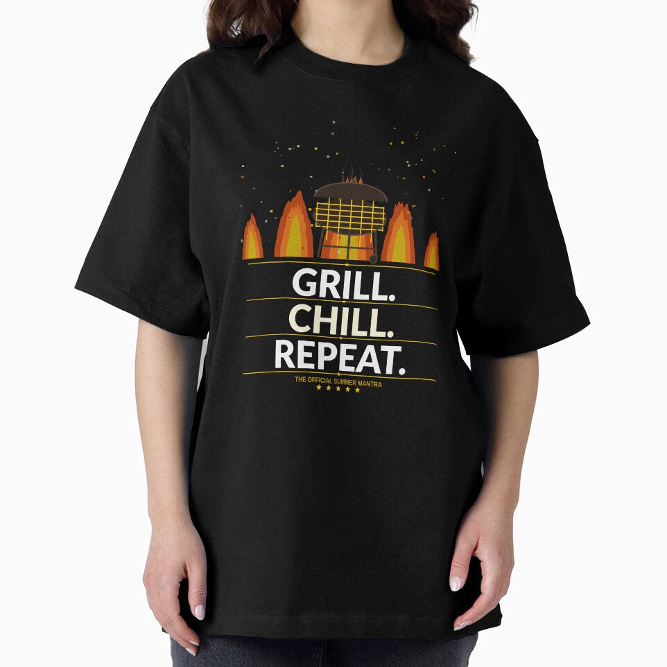 Grill Chill Repeat Shirt | Funny Memorial Day BBQ Gift for Dad Grill Master Summer by Daily Mood Tees