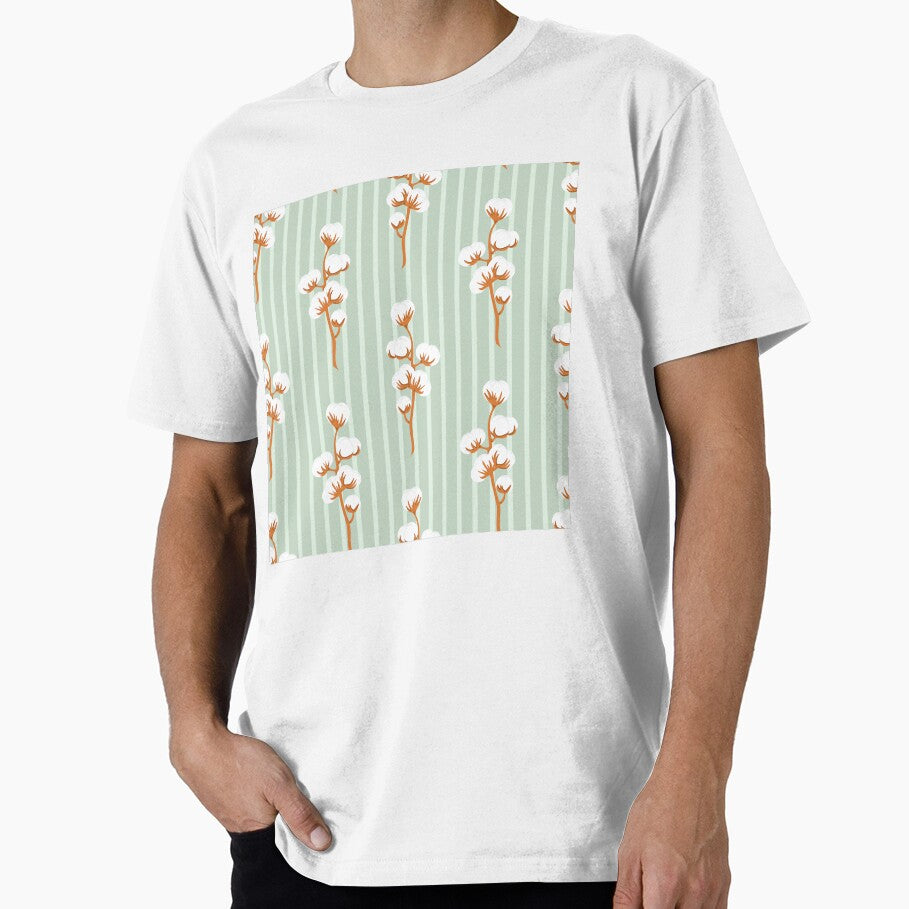 Hand drawn branch of cotton flower plant on striped green seamless pattern by Familyshmot