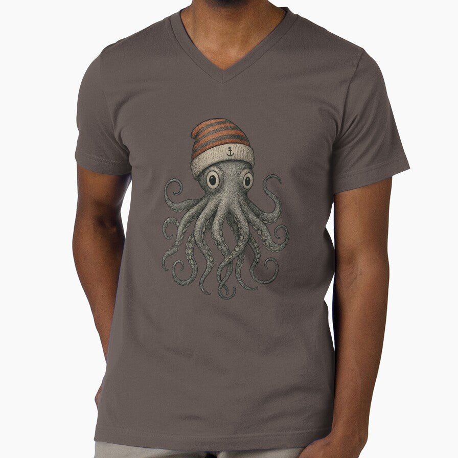 Quirky Octopus Beanie T-Shirt | Vintage Nautical Sailor Graphic | Unique Sea Creature Gift by Graphisphere