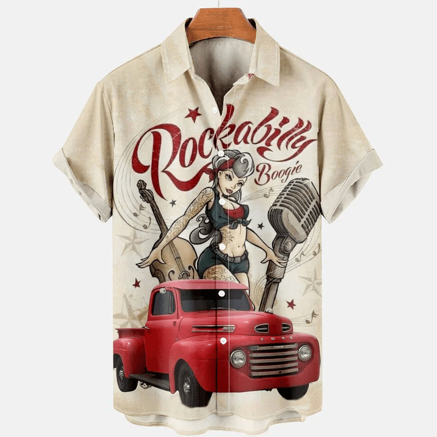 Trendy Hawaiian Shirt Vintage, Men's Casual Rock Car Beauty Print Loose Comfort Trendy Hawaiian Shirts For Men, Women