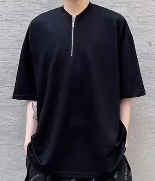 men's Korean version trend V-neck zipper design Simple temperament short sleevee