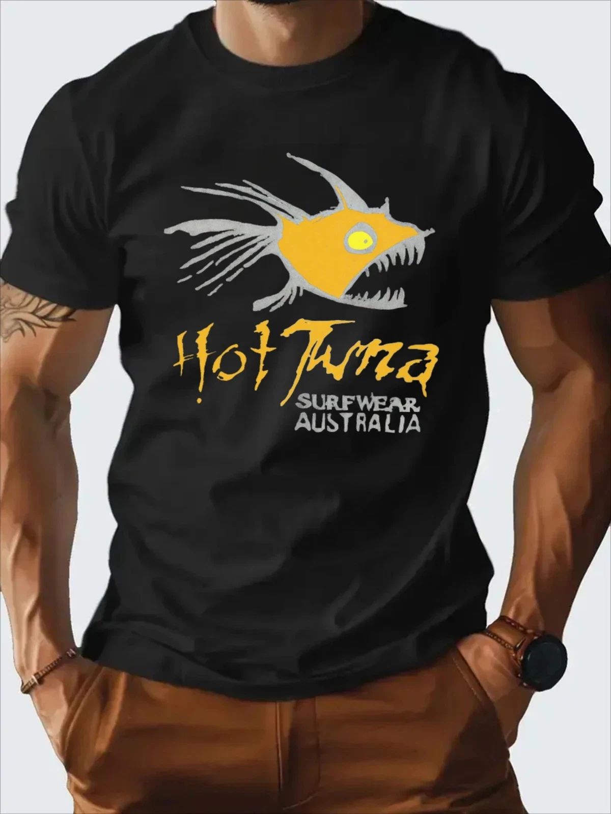 Hot Tuna Surf Graphic T-Shirt - 100% Cotton, Black Casual Summer Tee