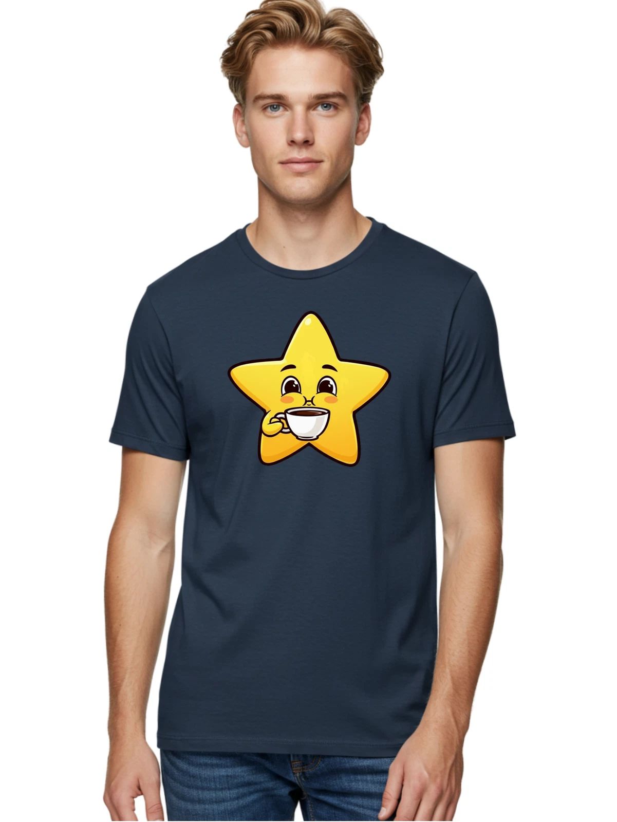 Star-Drinking-Coffee Mens Graphic Tee, 100% Cotton, Casual Summer Wear