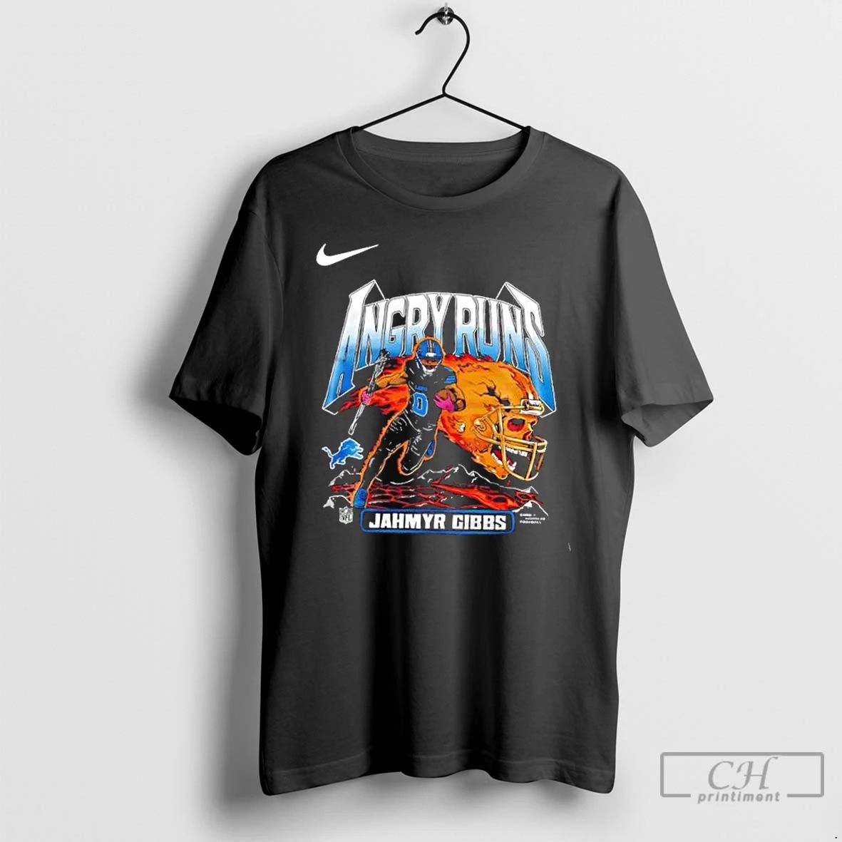 Classic Detroit Lions Angry Runs Jahmyr Gibbs Skull Football Helmet 2 Sided T Shirts