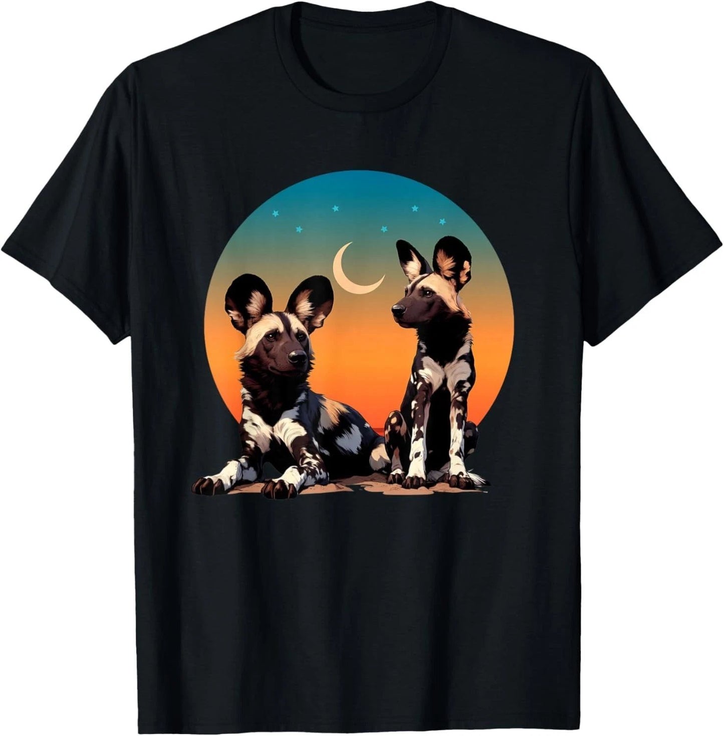 African Painted Wild Dogs Sunset Moon Wild Dog Lovers Design T-Shirt - USA Size