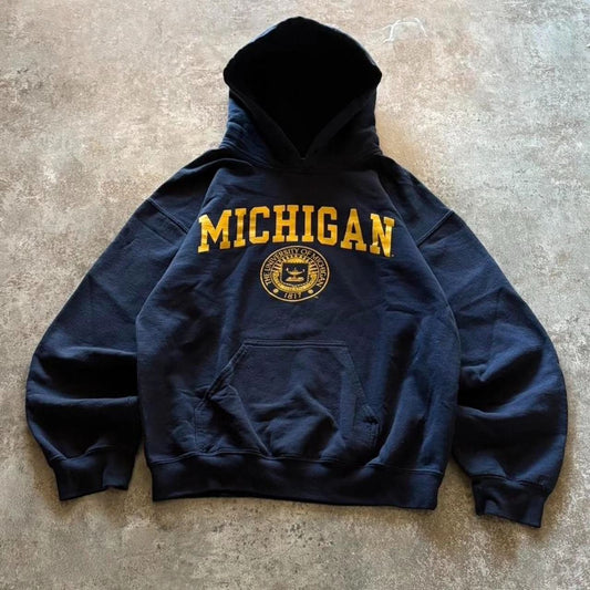 University of Michigan Spell Out Navy Hoodie Wolverines Sweatshirt