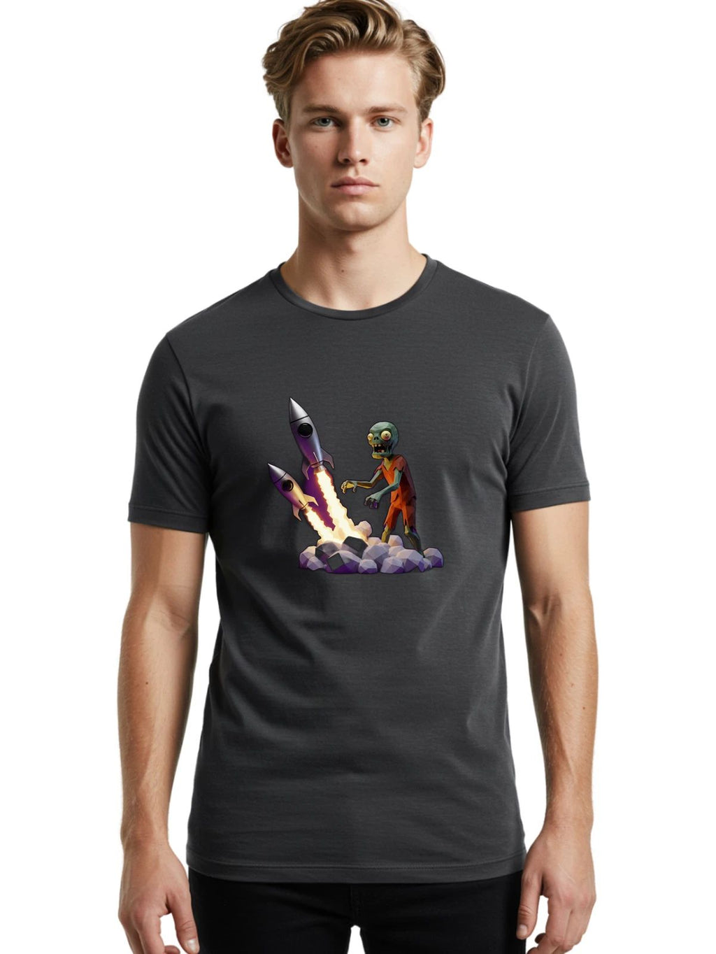 Zombie-Rocket-Launch Mens Graphic Tee, 100% Cotton, Casual Summer Wear