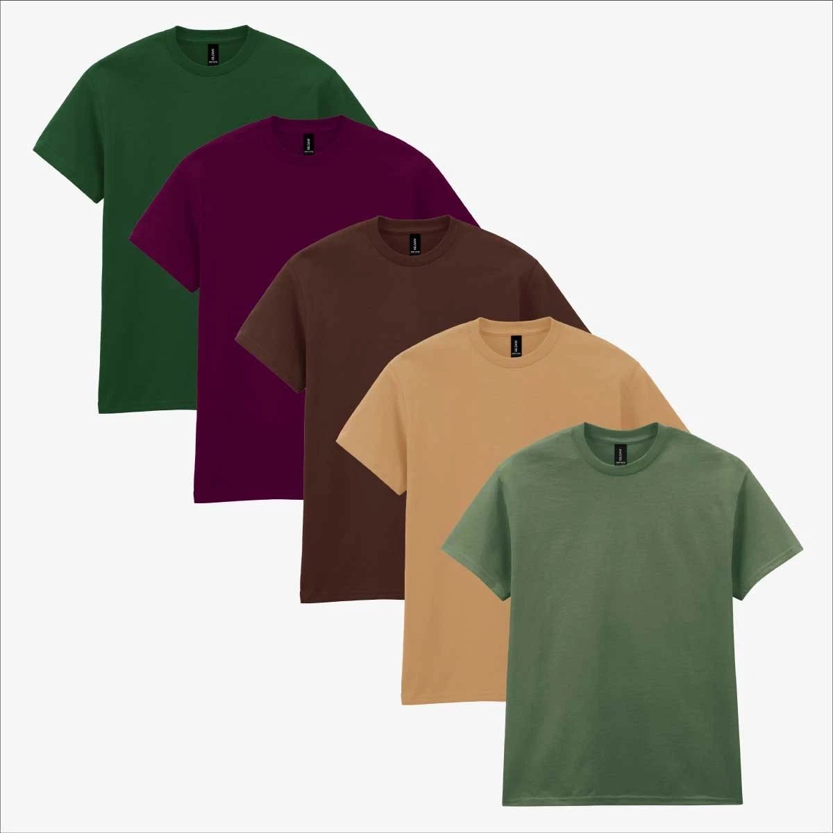 Gildan Mens 5-Pack T-Shirt All-Round Heavy Cotton Crew Neck Tee Plain Bundle UK