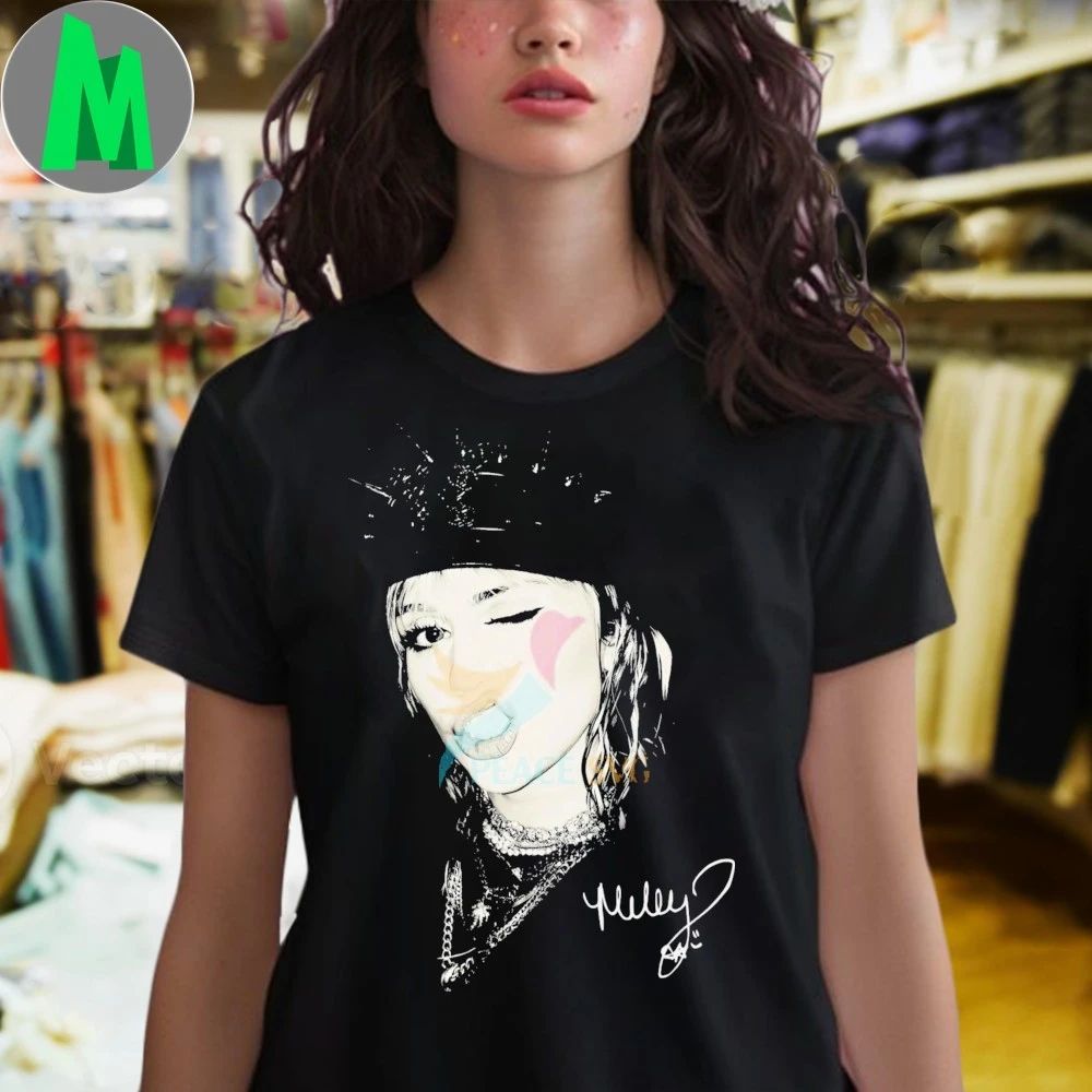 Original Miley Cyrus Black Crown Winking Face Monochrome Portrait Shirt