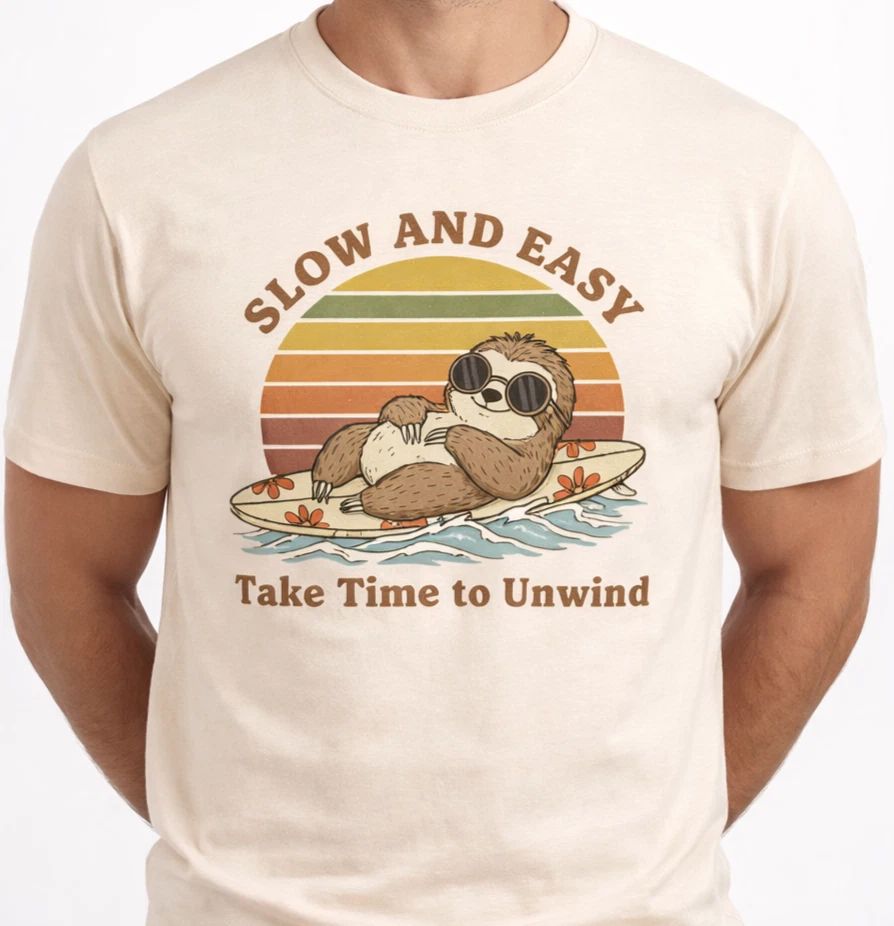 Retro Sunset Shirt Slow and Easy Surfing Sloth Vacation Gift Vintage Graphic Tee