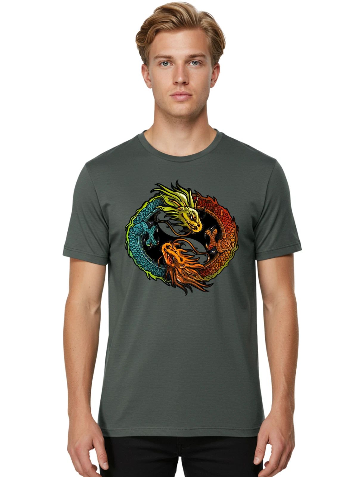 Three-Dragons-Yin-Yang Mens Graphic Tee, 100% Cotton, Casual Summer Wear