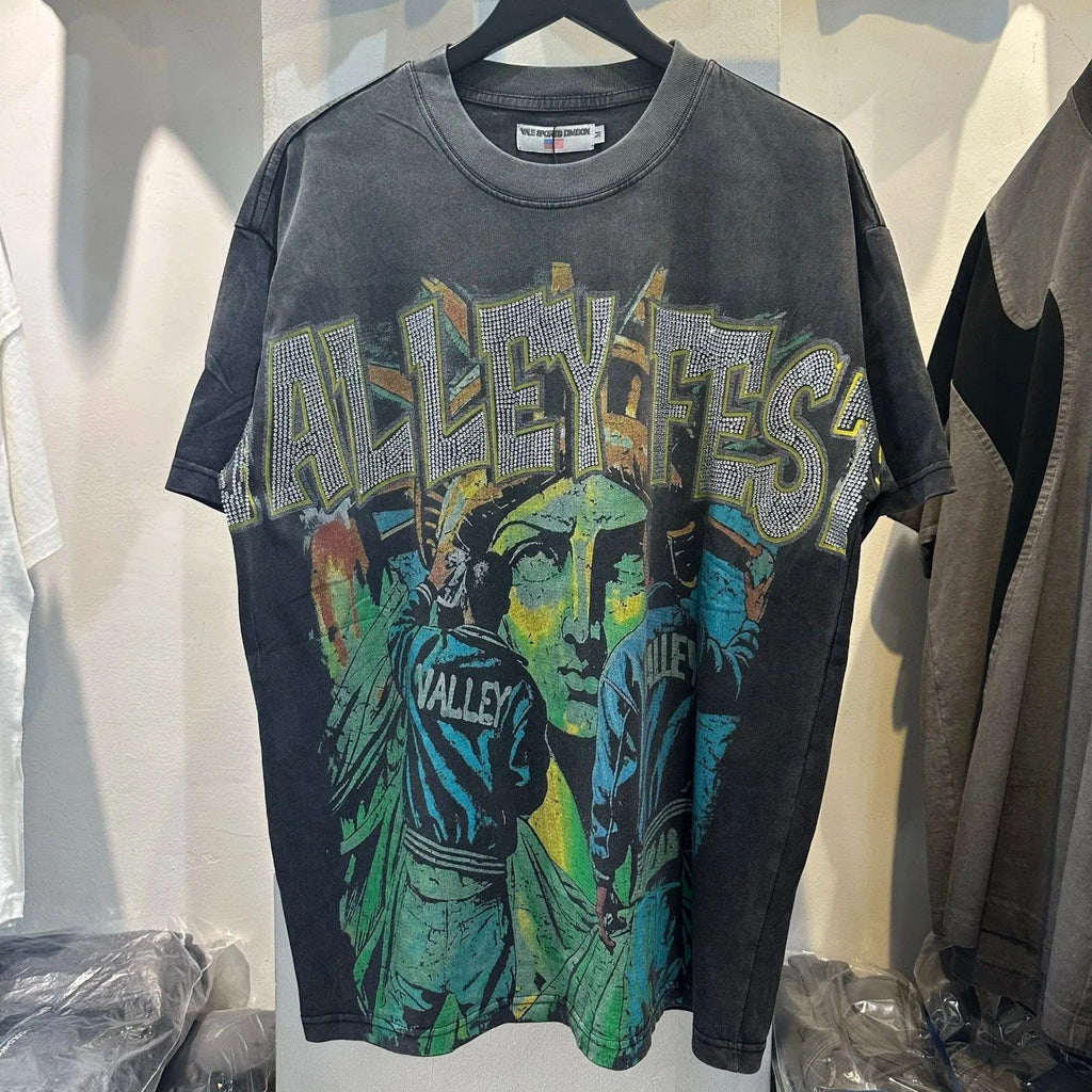 2025 VALLEY T-Shirt – Washed Black Retro Portrait Print Hip Hop Streetwear