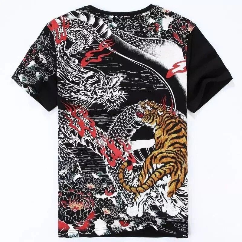 Japanese Dragon Tiger Men's T-Shirt Asian Mafia Tattoo Style Print Yakuza