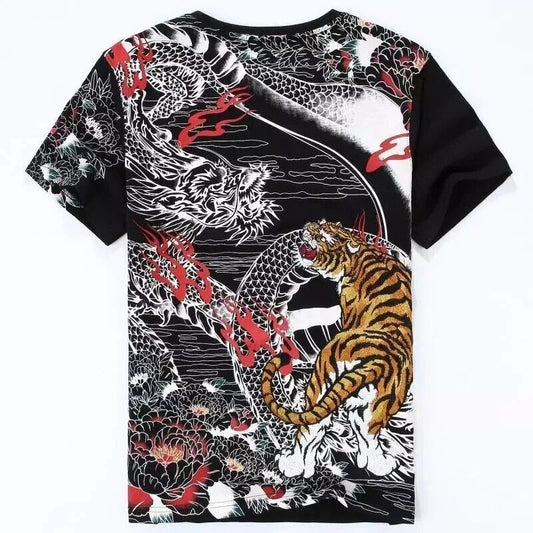 Japanese Dragon Tiger Men's T-Shirt Asian Mafia Tattoo Style Print Yakuza
