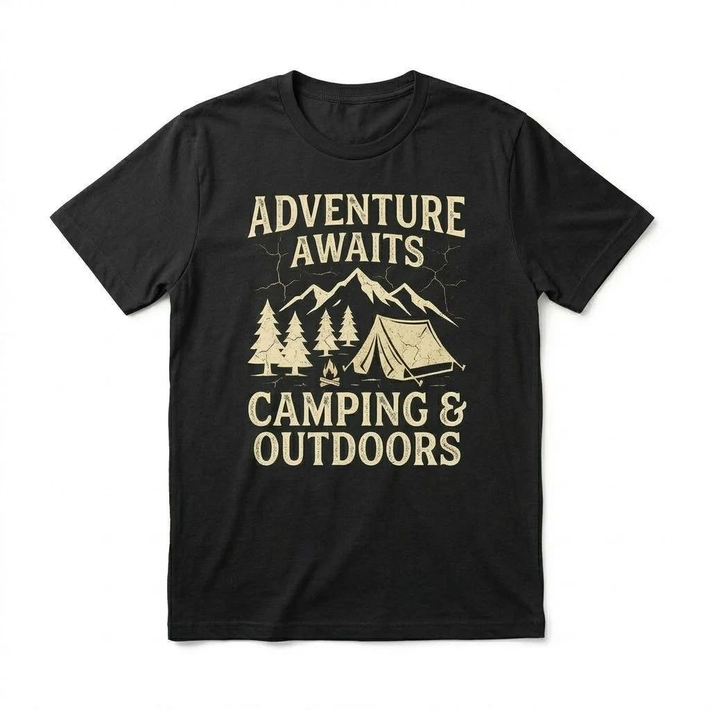 Adventure Awaits Camping Outdoors T-Shirt Vintage Mountain Hiking Graphic Tee Ne