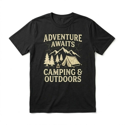 Adventure Awaits Camping Outdoors T-Shirt Vintage Mountain Hiking Graphic Tee Ne