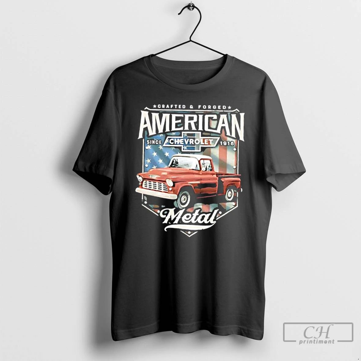 Classic Chevrolet Truck American Metal Script And American Flag T Shirts