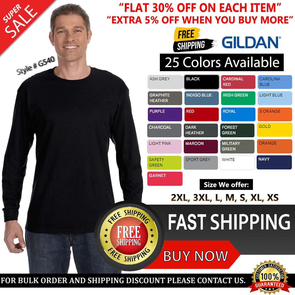 Gildan G540 Mens Heavy Cotton Preshrunk Tshirt Crew Neck Long Sleeve T-Shirt