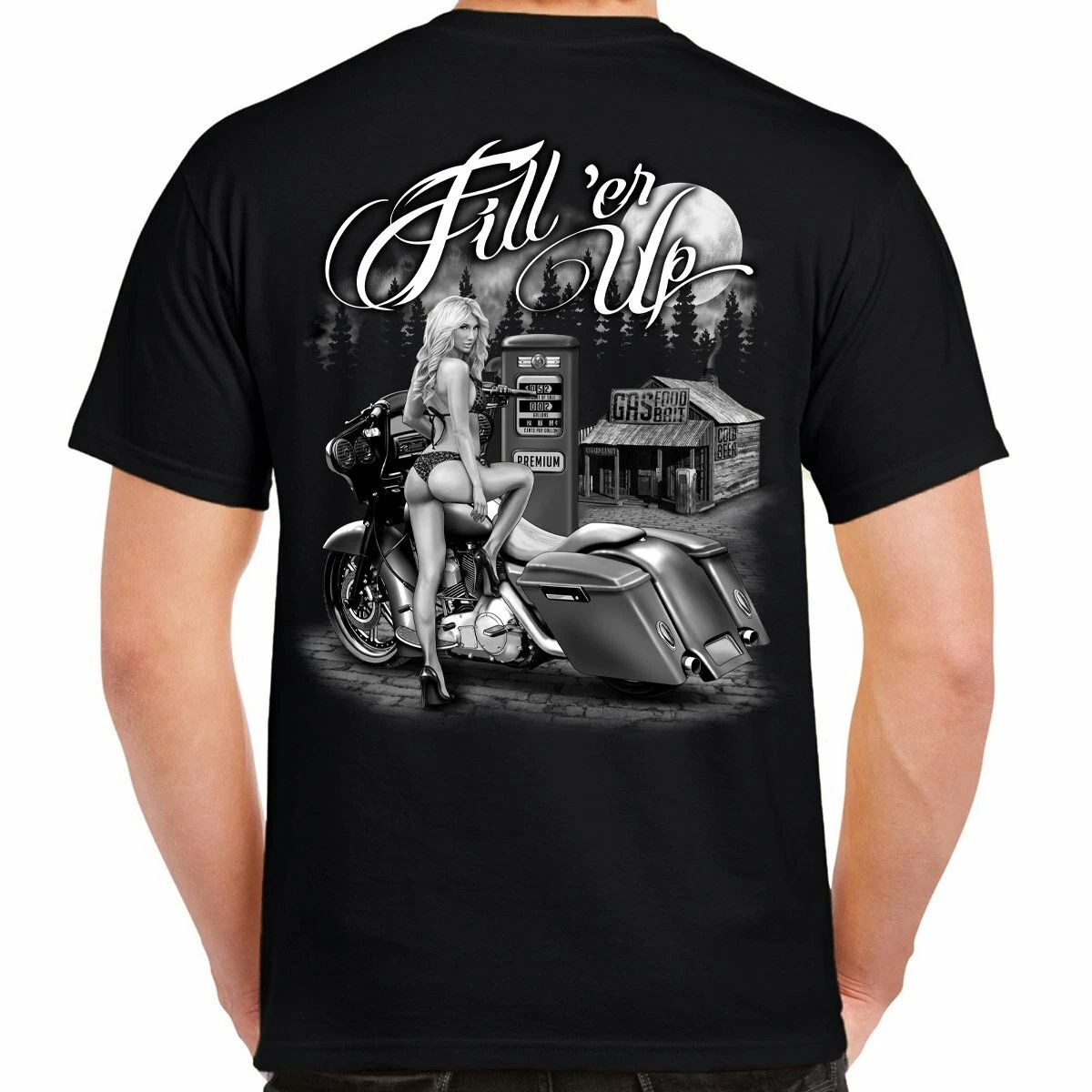 Men's Funny Offensive Motorcycle Humor Fill'er Up Sexy Stripper Biker T-Shirt