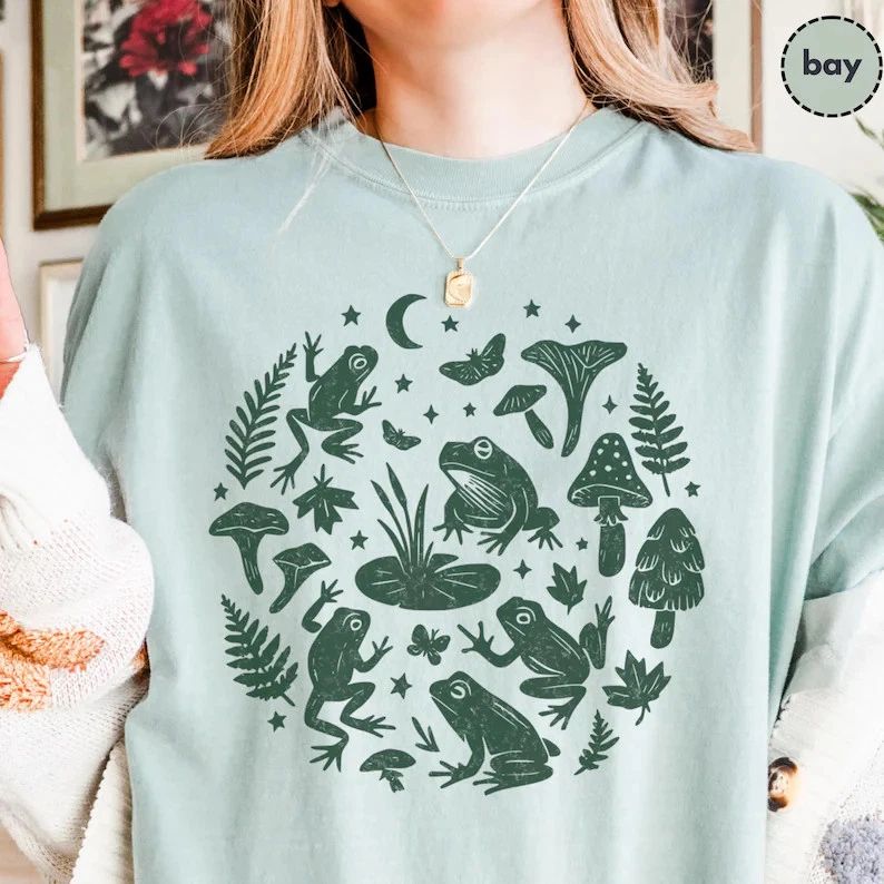 Frog Linocut Comfort Tee Nature Lover Aesthetic