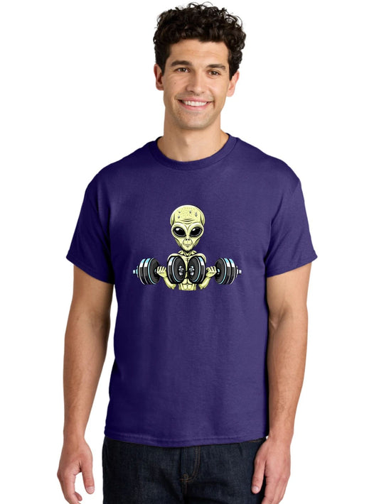 Alien-Weightlifter-1 Mens Graphic Tee, 100% Cotton, Casual Summer Wear