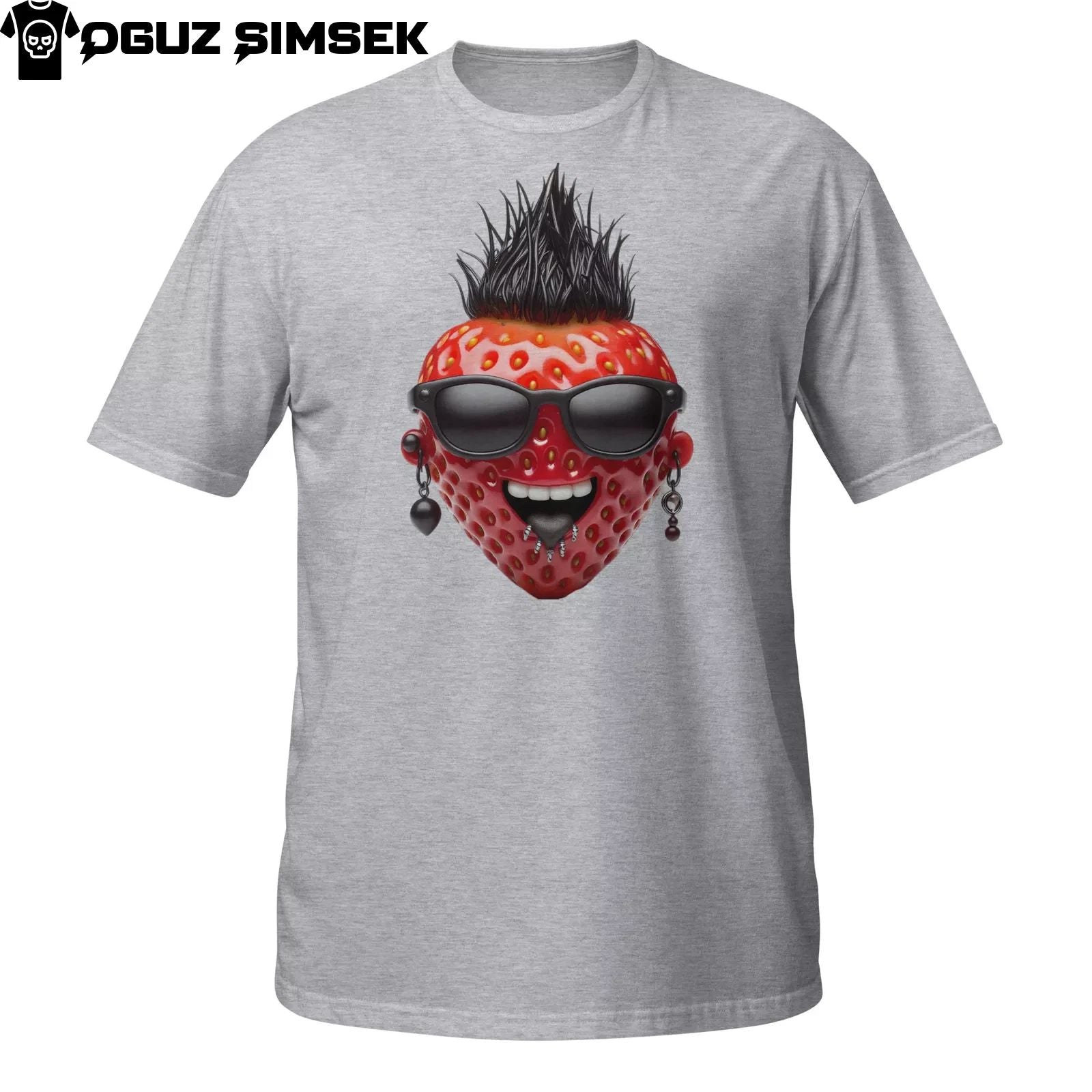 Unisex Short-Sleeve T-Shirt: Unique Strawberry with Mohawk, Sunglasses, Earrings