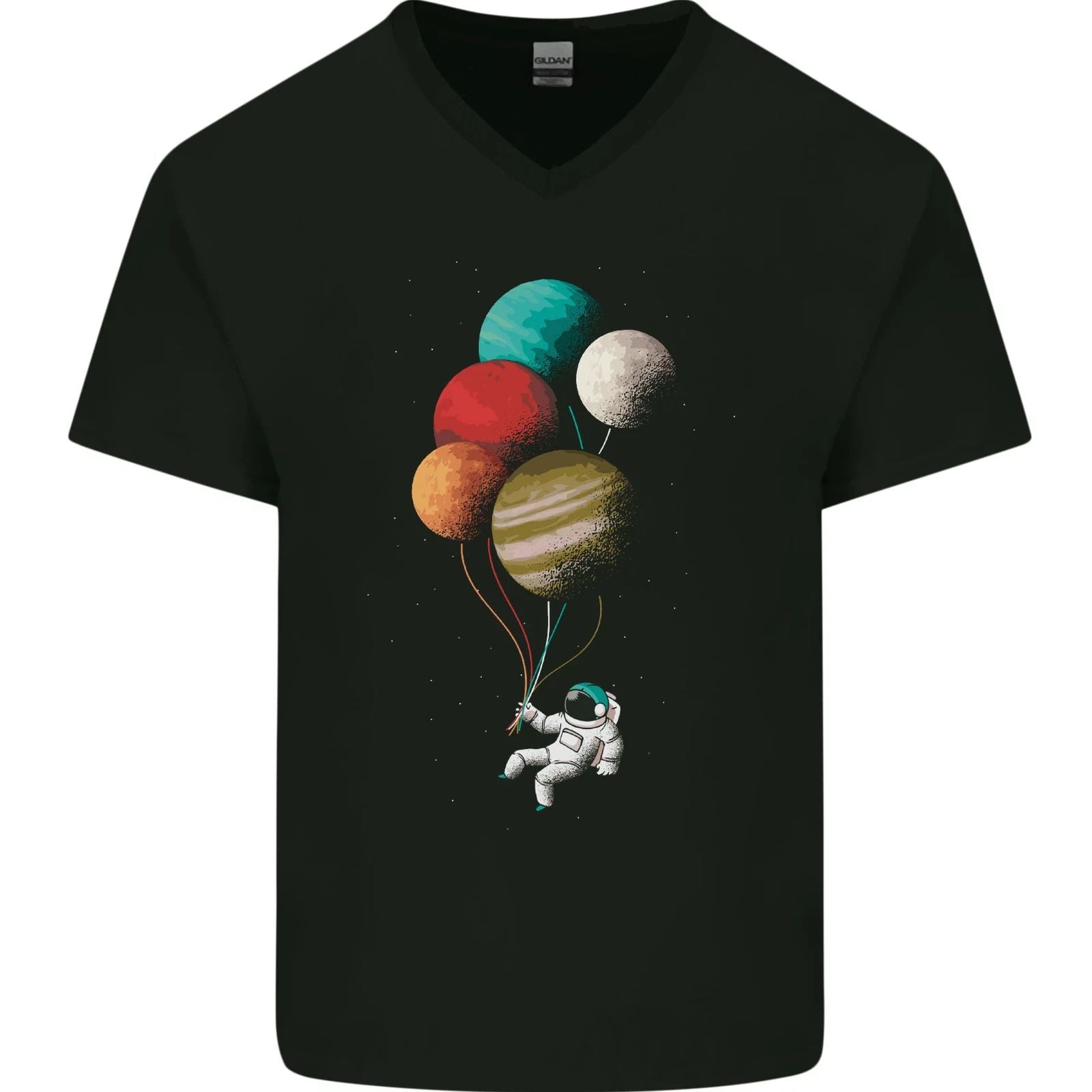 An Astronaut With Planets as Balloons Space Mens V-Neck Cotton T-Shirt