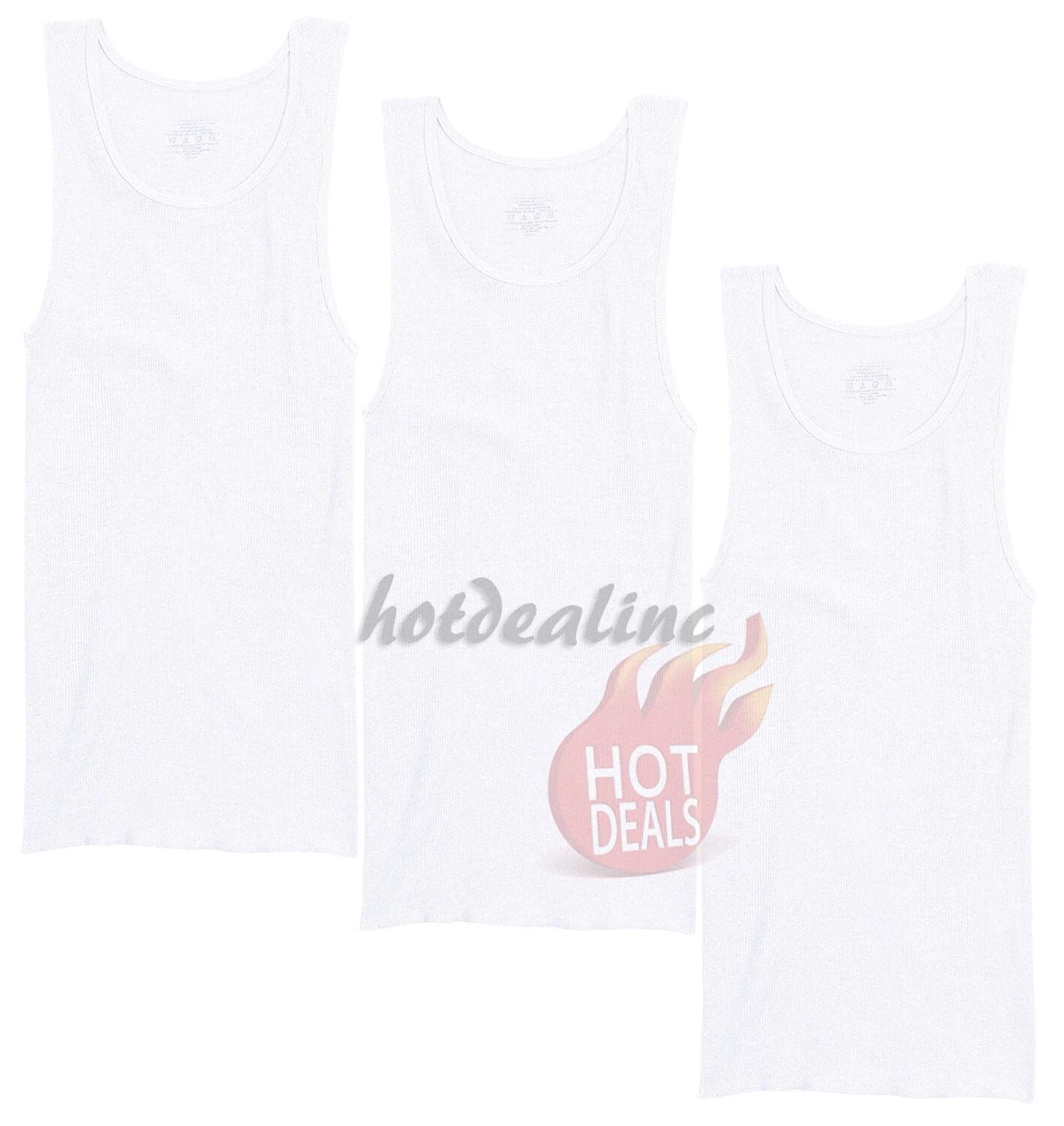 3 Pack Men's White 100% Cotton Tank Top A-Shirt Ribbed Undershirt Size:S-2XL