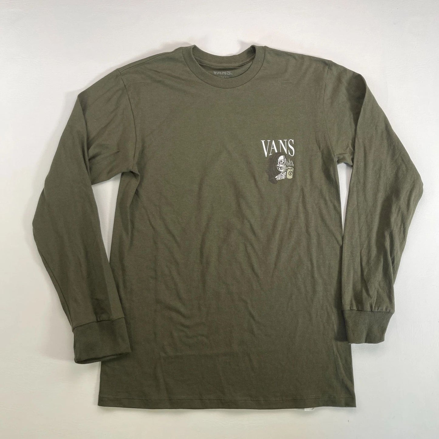 Vans T-Shirt Mens Small Olive Green Cotton Long Sleeve Graphic Print Classic Fit