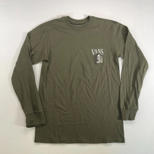 Vans T-Shirt Mens Small Olive Green Cotton Long Sleeve Graphic Print Classic Fit