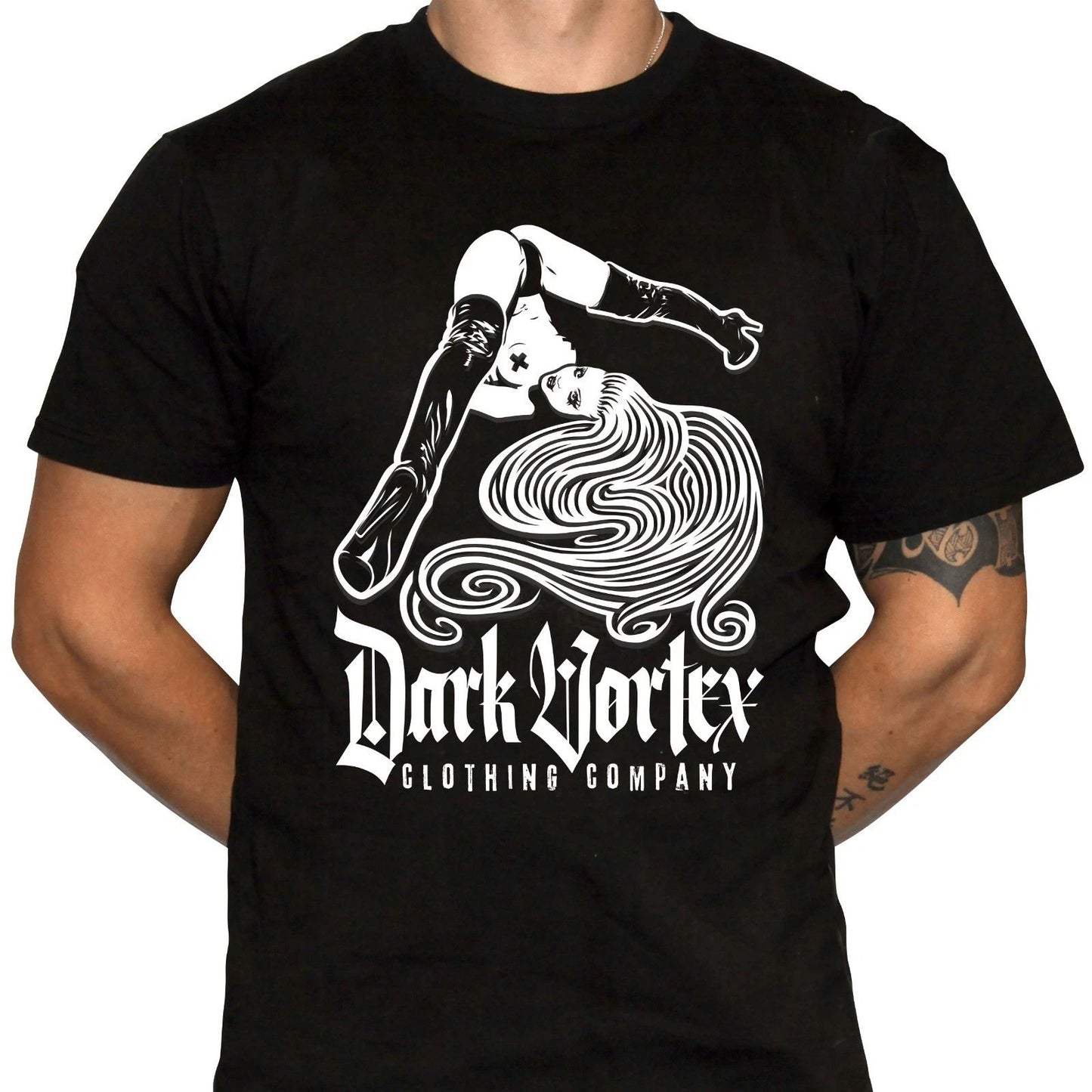 Sexy Pinup Girl Upside Down - Dark Vortex Branding - 100% Preshrunk Cotton Shirt