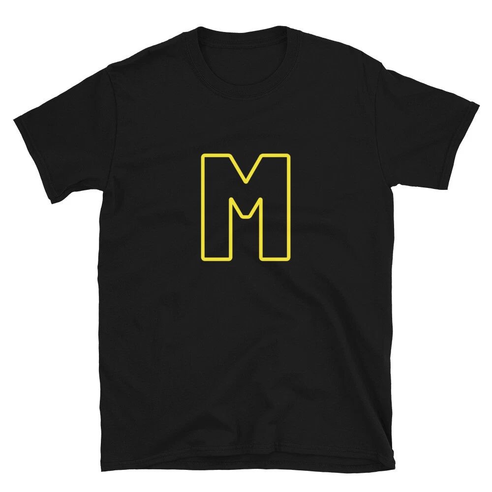 Letter  M Yellow Bold Font Simple Black T-Shirt