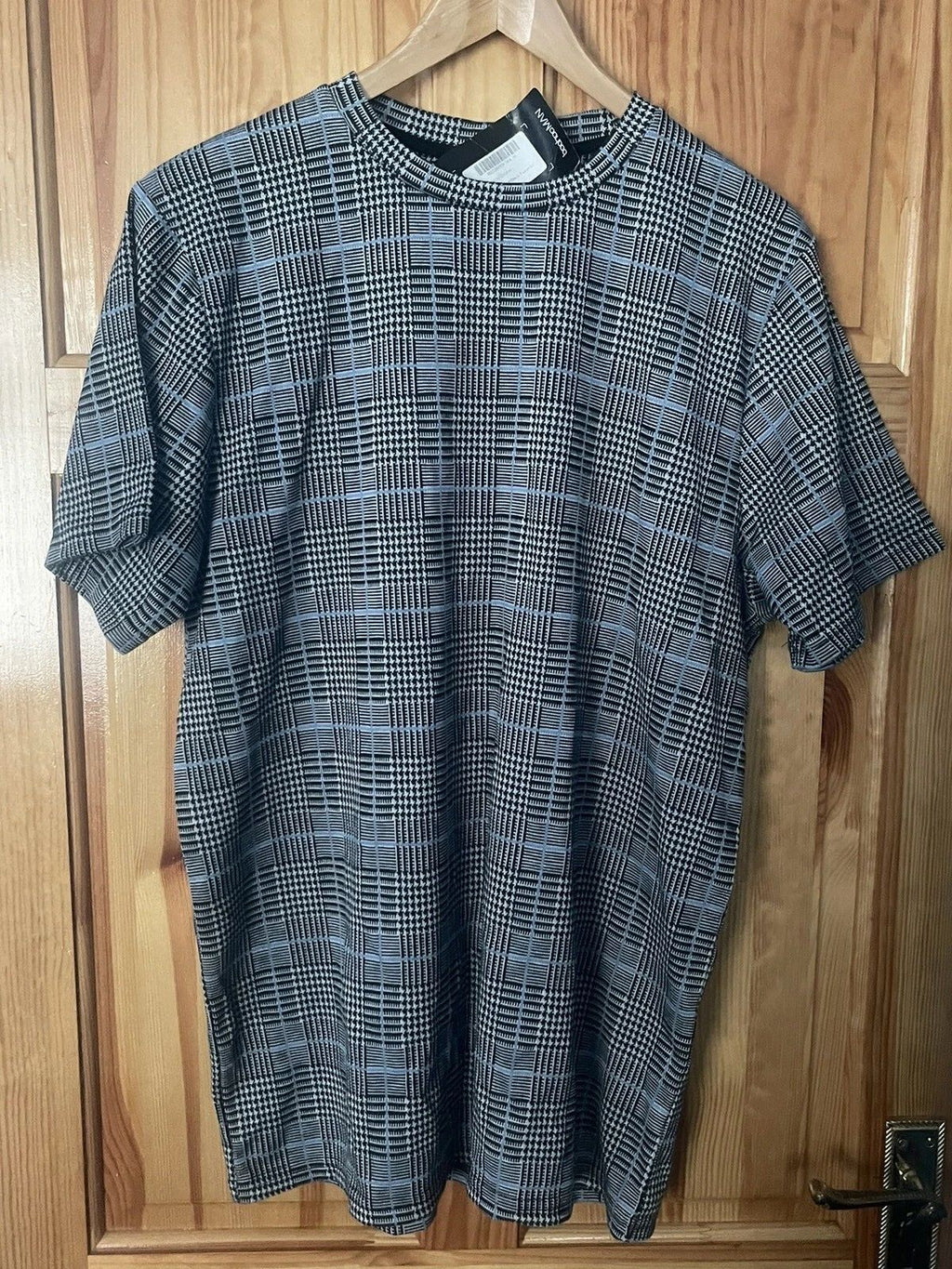 Boohooman Slim Fit Jacquard Check T Shirt Light Blue XL