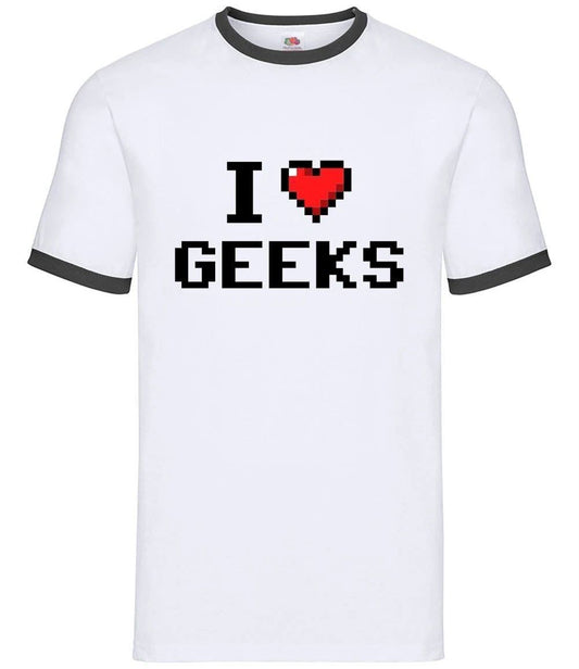 I Love Geeks (Pixels) - Mens Ringer - Pixel Geek Funny Heart Lover Valentines