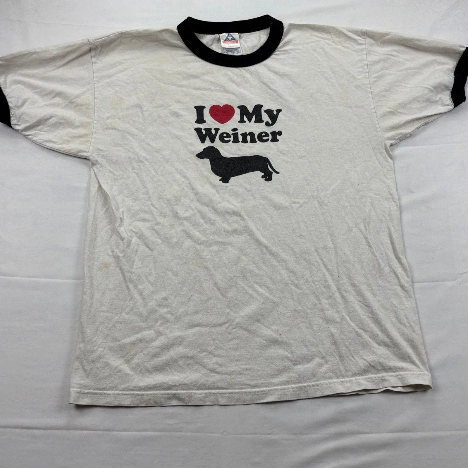 Y2K I Love My Weiner Dachshund Graphic Ringer T-Shirt XL White Black Alstyle