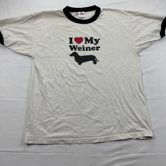 Y2K I Love My Weiner Dachshund Graphic Ringer T-Shirt XL White Black Alstyle
